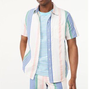 Free Assembly Seersucker Button Up Shirt Mens XXXL Blue Pink Striped Lightweight